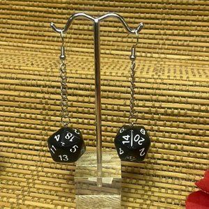 silver tone unique black DND game 20 sided dice die dangle drop earrings